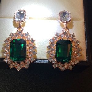 Rose gold colored w/ emerald cut and clear crystal earrings